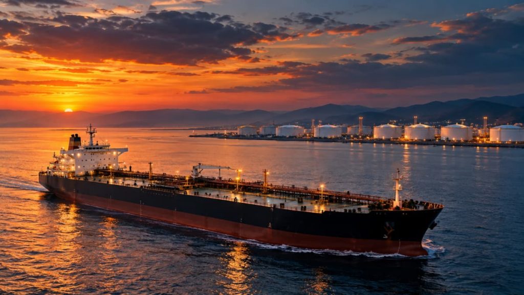 Crude Oil tanker at sea with crude storage tanks on the shoreline at dusk
