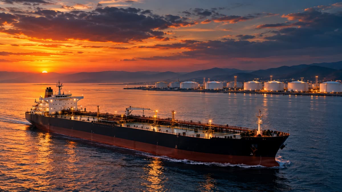 Crude Oil tanker at sea with crude storage tanks on the shoreline at dusk