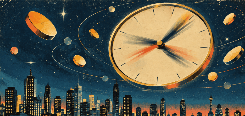 Retro illustration of a spinning clock over a night-time city, showing how crypto markets trade around the clock