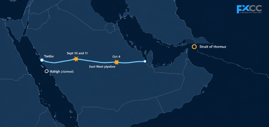 Map of Saudi Arabia's East-West crude oil pipeline to Yanbu, avoiding the Strait of Hormuz, with attacks on Sept 10 and 11 and Oct 4.