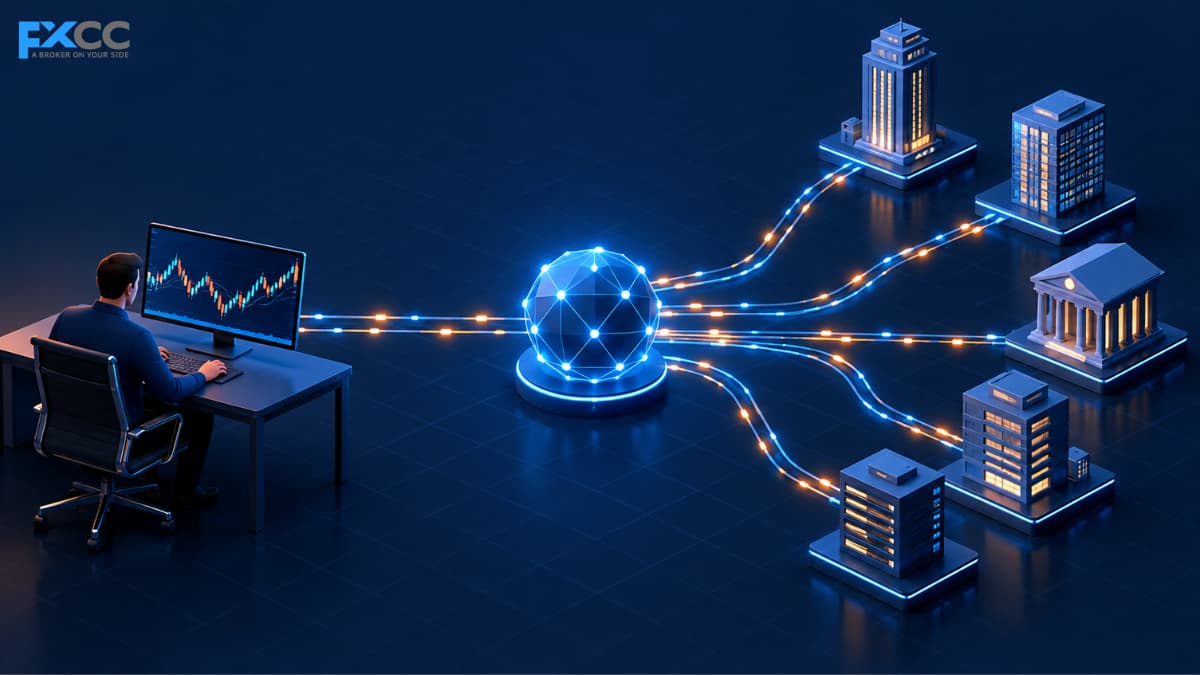 Illustration of how the ECN XL account routes a trader’s order through an ECN hub connected to multiple liquidity providers.