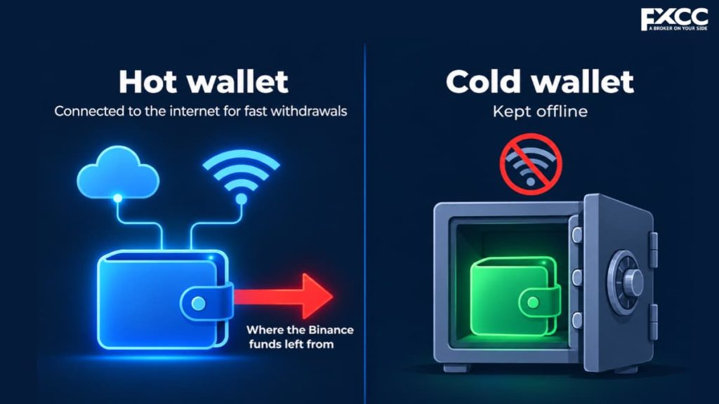 Binance hack diagram: hot wallet connected to the internet, where funds left from, vs cold wallet kept offline in a safe