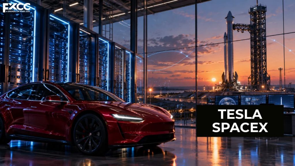 Tesla SpaceX merger concept showing an AI computing facility, a rocket and a red electric vehicle.