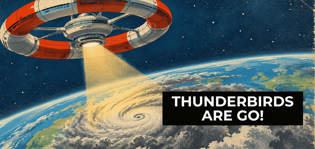 Retro 1960s-style illustration of a lifebuoy space station shining light on a storm over Earth, for a look back at how forex trading has changed